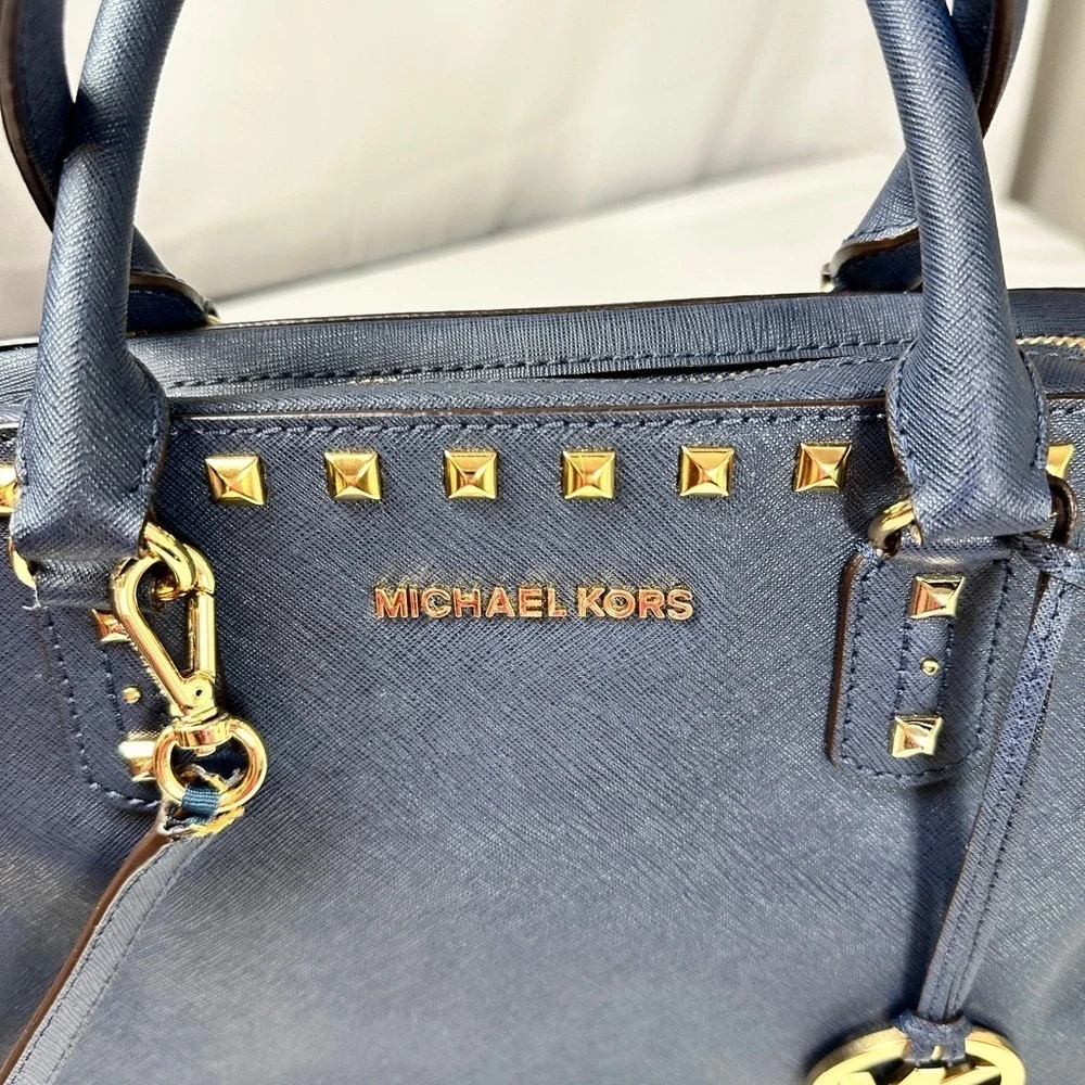 Michael Kors Large TZ SELMA STUD Satchel Bag NAVY Blue Saffiano Leather